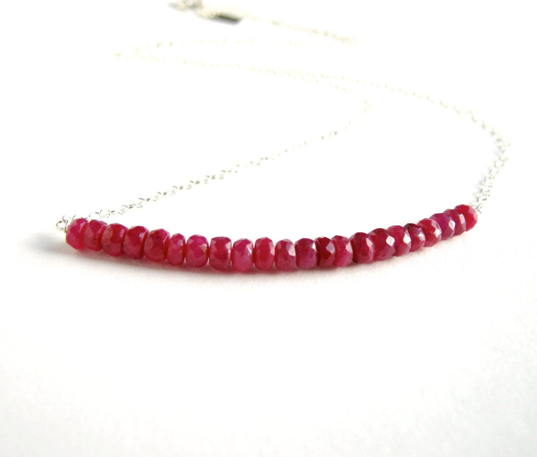 Red Ruby Necklace. Sterling Silver Genuine Rubies Bar Necklace. AzizaJewelry.
