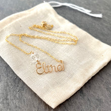 Load image into Gallery viewer, Name Necklace with Polished Clear Quartz. Personalized Silver or Gold Name Necklace. Custom Script Name Necklace. Calligraphy Name Necklace
