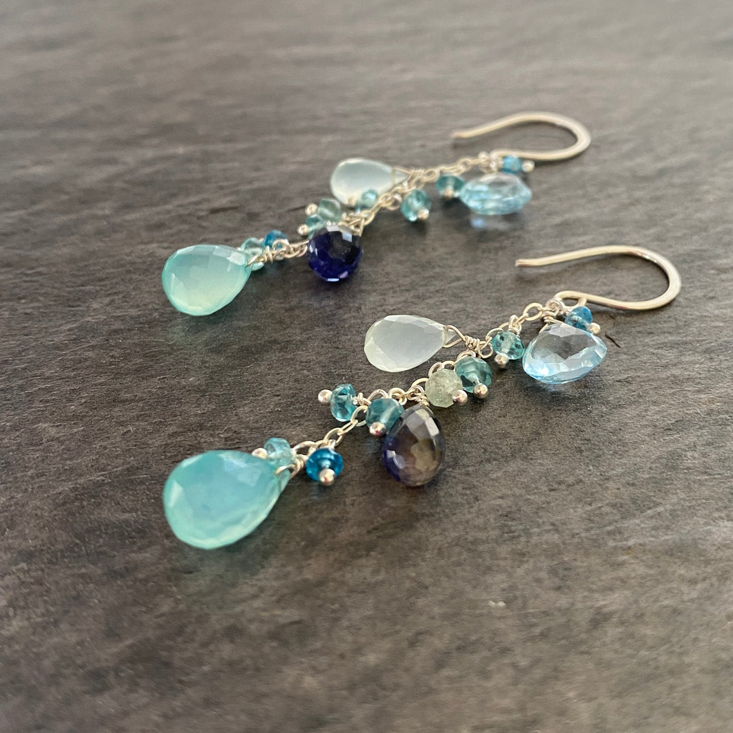 Aquamarine, Blue Iolite and Chalcedony Gemstone Earrings. Sterling Silver