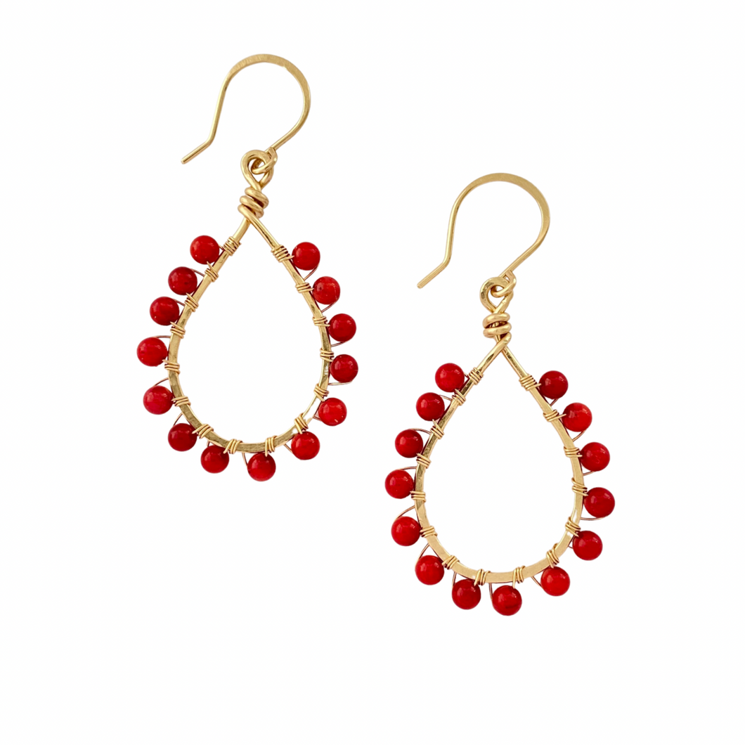 Gold Hoops with Red Coral