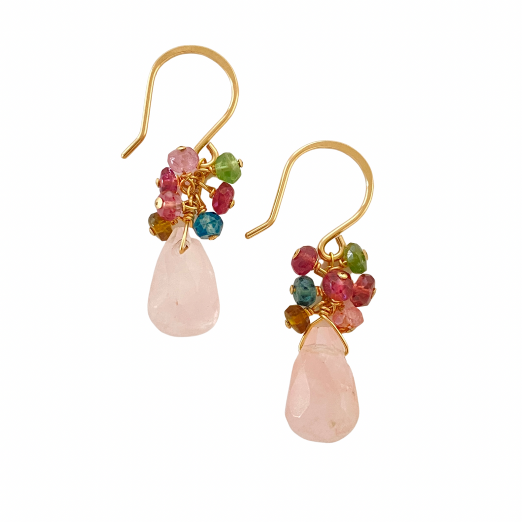 Rose Quartz and Multi Rainbow Gemstone Earrings. Sterling Silver or Gold Filled Wire.