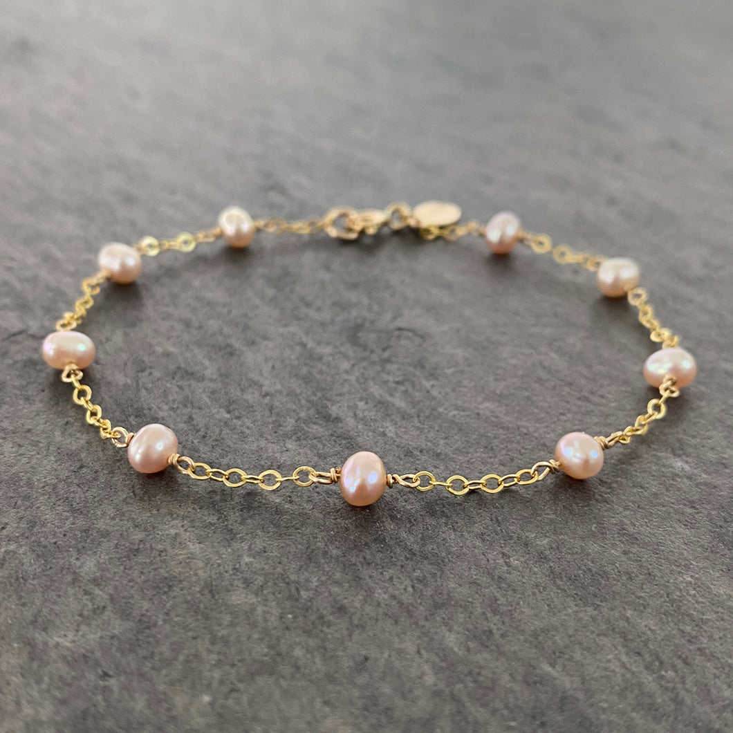 Pink Pearl Gold Bracelet. Genuine Freshwater Pearl 14k Yellow Gold Filled Bracelet.