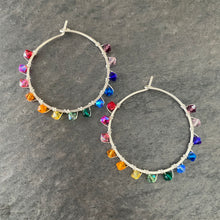 Load image into Gallery viewer, Small Rainbow Hoop Earrings. 1.25 inch Crystal Rainbow Hoops. Silver or Gold Shiny Large Hoops
