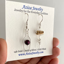 Load image into Gallery viewer, Wine Bottle and Cork Screw Sterling Silver Earrings. Wine Lovers Earrings with Red Grape and real cork. Wine Bottle. Wine Themed Jewelry
