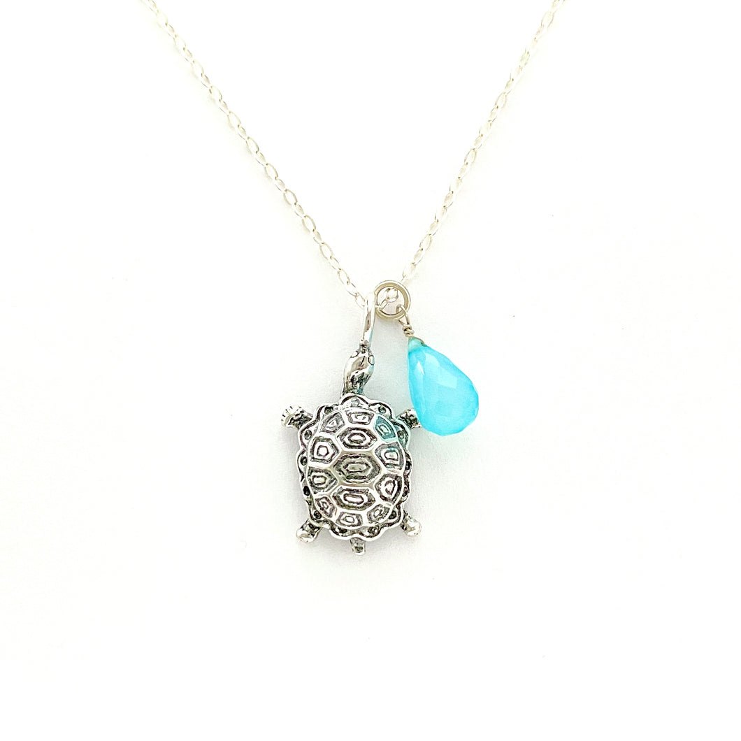 Turtle and Chalcedony Necklace. Sterling Silver Ocean Charm Beach Necklace