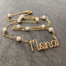 Load image into Gallery viewer, Gold Name Necklace with Small Off-White Freshwater Pearl. Personalized Pearl Name Necklace in 14k Gold. Script Name Brooklyn Necklace Pearl
