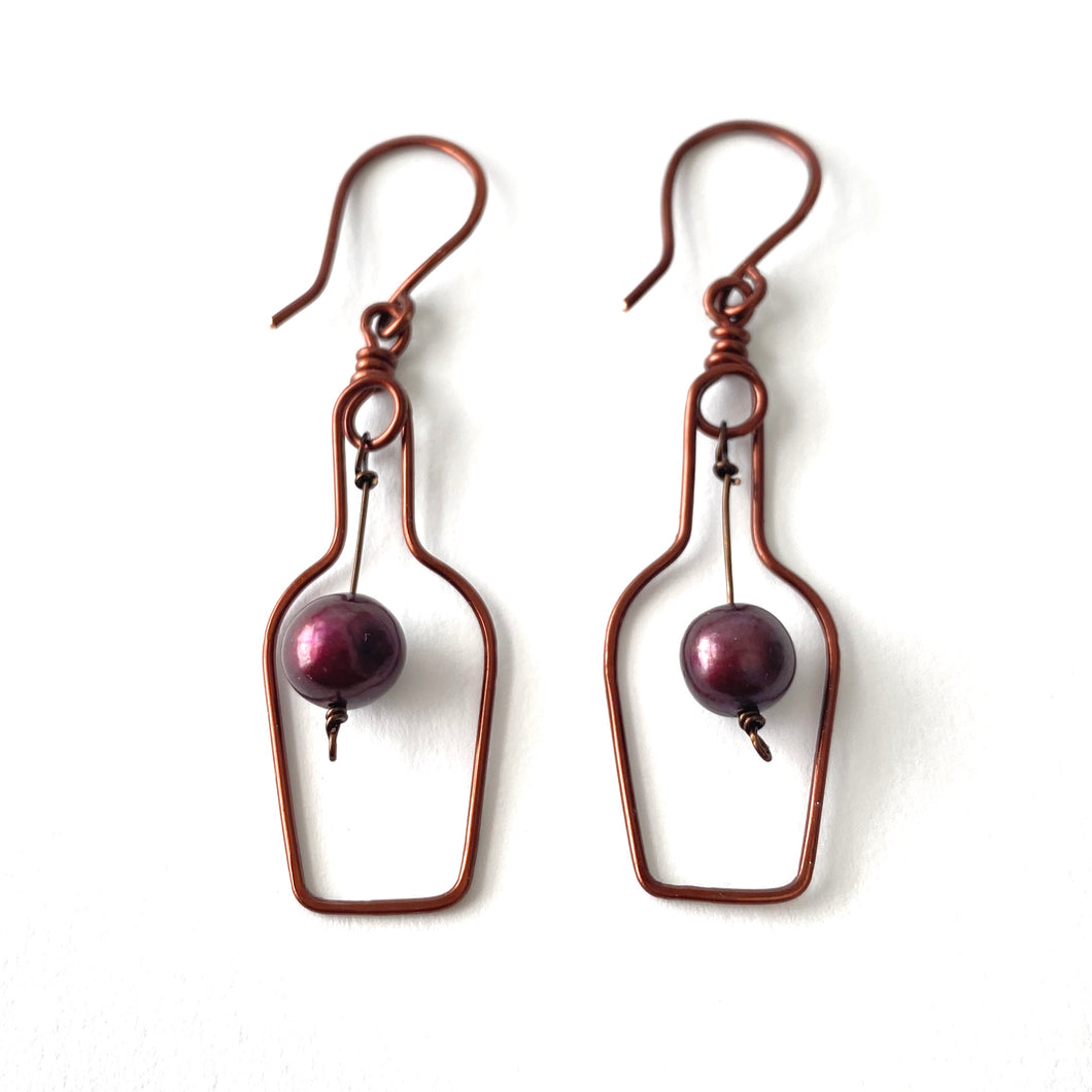 Wine Lovers Earrings. Dark Wine Bottle Copper Earrings. Wine Lovers Earrings with Grapes