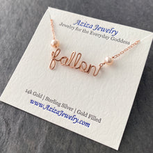 Load image into Gallery viewer, Custom Rose Gold Name Necklace W Pink Pearls 14k Personalized Rose Gold Name Necklace with genuine freshwater pearls. Girls Name Necklace
