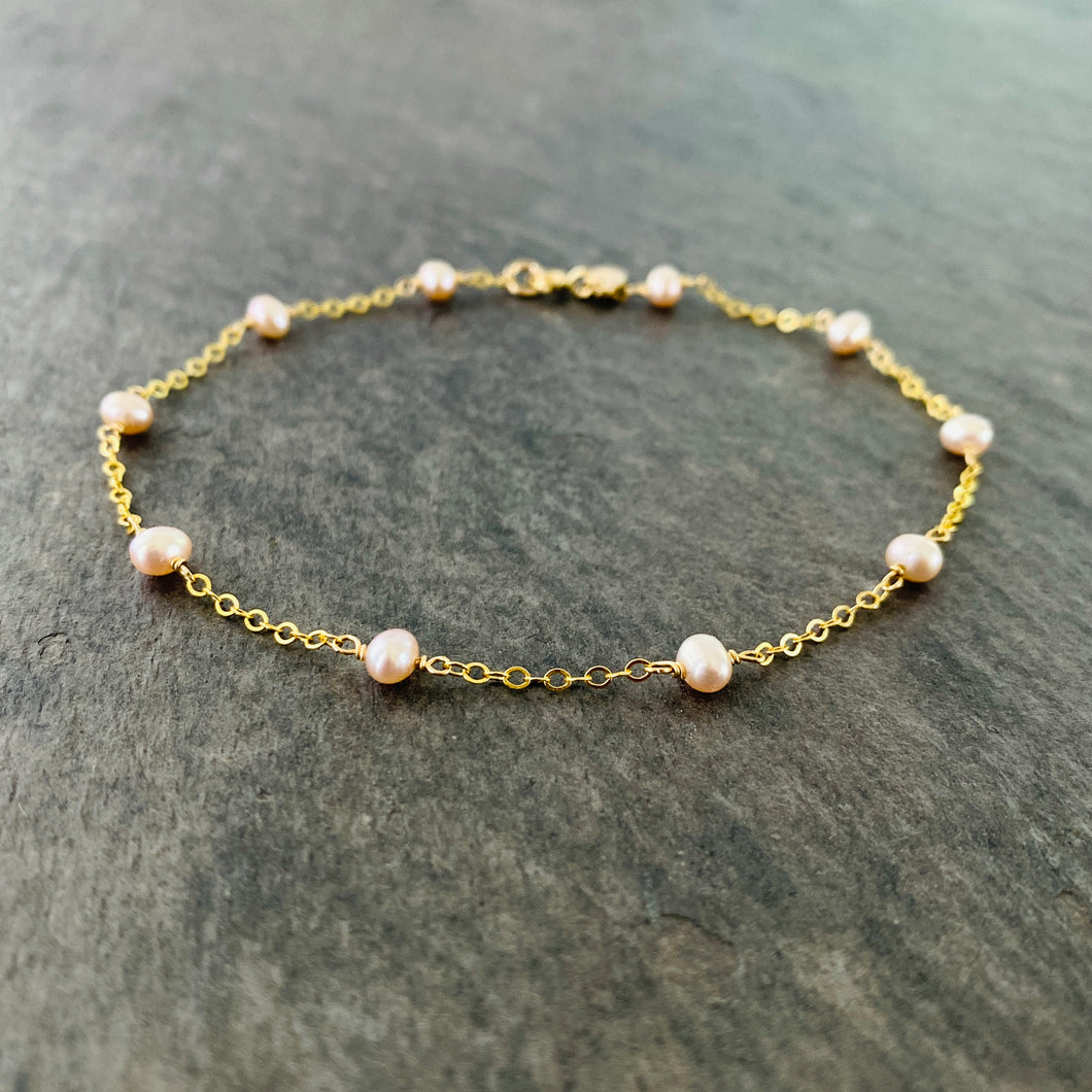 Pink Pearl Gold Anklet. Genuine Freshwater Pearl 14k Yellow Gold Filled Ankle Bracelet.