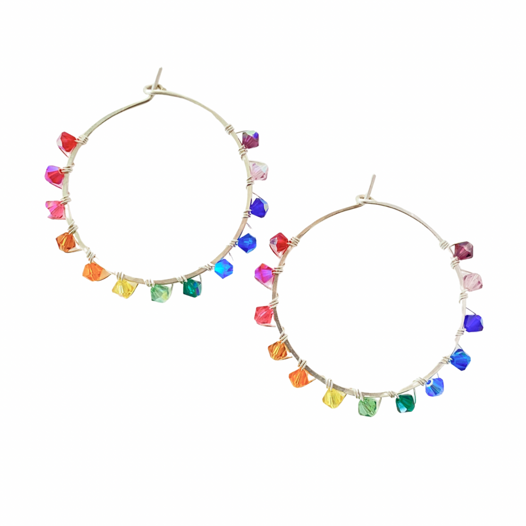 Small Rainbow Hoop Earrings. 1.25 inch Crystal Rainbow Hoops. Silver or Gold Shiny Large Hoops