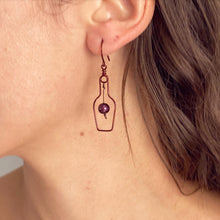 Load image into Gallery viewer, Red Wine Earrings. Wine Bottle and Cork Screw Earrings with Grape. Wine Jewelry. Red Grape Wine Earrings. Wine Lover Gift
