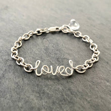 Load image into Gallery viewer, Loved Bracelet. Sterling Silver Wire Word Script Blessed Bracelet. Lowercase Calligraphy Chunky Bracelet. Inspiration Jewelry. Faith Jewelry

