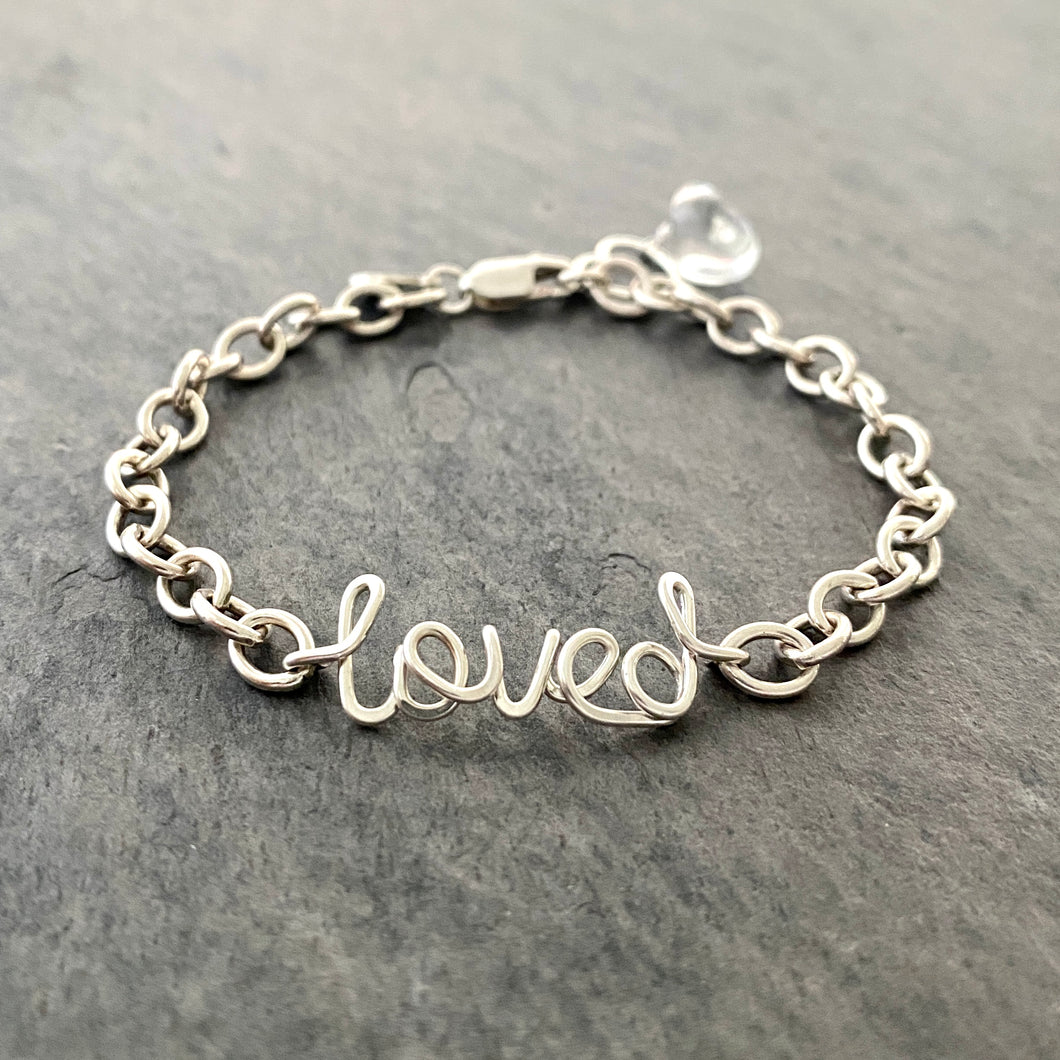 Loved Bracelet. Sterling Silver Wire Word Script Blessed Bracelet. Lowercase Calligraphy Chunky Bracelet. Inspiration Jewelry. Faith Jewelry
