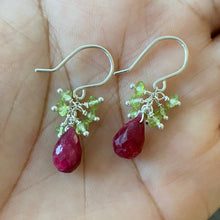 Load image into Gallery viewer, Ruby Earrings with Peridot. Real Gemstone Clusters. Sterling Silver Dangle Earrings
