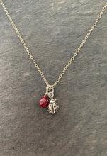 Load image into Gallery viewer, Ladybug Charm and Ruby Necklace. Genuine Ruby and Sterling Silver Necklace
