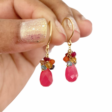 Load image into Gallery viewer, Pink Jade Earrings with Rainbow Gemstones Clusters. Gold Fill Earrings.
