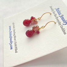 Load image into Gallery viewer, Ruby Earrings with Pink Tourmaline. Real Gemstone Clusters. Gold Earrings.
