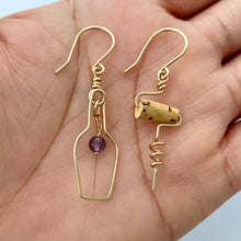 Load image into Gallery viewer, Wine Lovers Earrings with Grape. Wine Bottle Cork Screw Earrings with Real Amethyst. 14k Gold Earrings.
