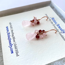 Load image into Gallery viewer, Rose Quartz Earrings with Garnet and Rose Quartz Clusters. Rose Gold Filled Earrings.
