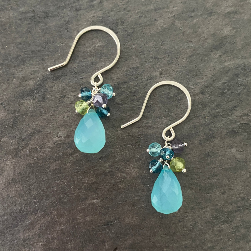 Green Chalcedony Gemstone Earrings. Topaz, Aquamarine, Iolite, Peridot Earrings. Teardrop Blue Green Gemstone Dangle Earrings. Silver Earrings