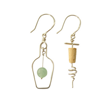 Load image into Gallery viewer, Wine Bottle and Cork Screw Sterling Silver Earrings. Wine Lovers Earrings with Green Grape and real cork. Wine Bottle. Wine Themed Jewelry
