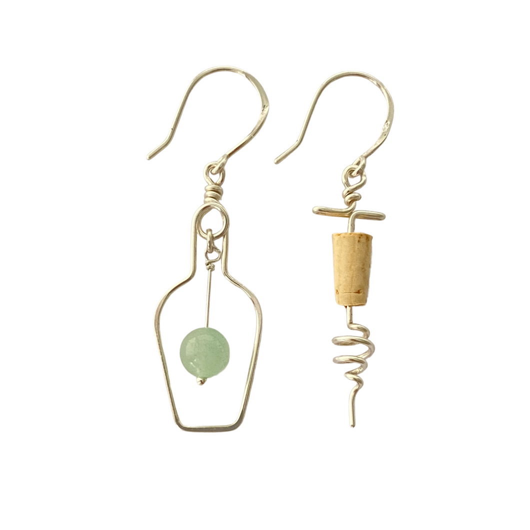 Wine Bottle and Cork Screw Sterling Silver Earrings. Wine Lovers Earrings with Green Grape and real cork. Wine Bottle. Wine Themed Jewelry