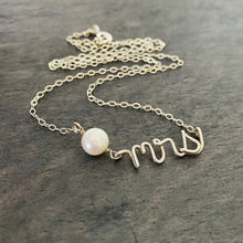 Load image into Gallery viewer, Mrs Pearl Necklace. Sterling Silver Name Necklace. Bridal wedding day necklace with off white freshwater pearl Necklace. Proposal Necklace. AzizaJewelry
