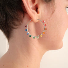 Load image into Gallery viewer, Small Rainbow Hoop Earrings. 1.25 inch Crystal Rainbow Hoops. Silver or Gold Shiny Large Hoops
