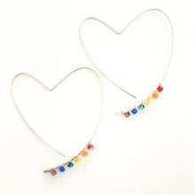 Load image into Gallery viewer, Sterling Silver Heart Hoop Earrings. 3 inch X-Large Open Heart Hoop Earrings. Rainbow Swarovski Crystals
