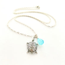 Load image into Gallery viewer, Turtle and Chalcedony Necklace. Sterling Silver Ocean Charm Beach Necklace
