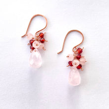 Load image into Gallery viewer, Rose Quartz Earrings with Garnet and Rose Quartz Clusters. Rose Gold Filled Earrings.
