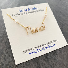 Load image into Gallery viewer, Gold Name Necklace with Small Off-White Freshwater Pearl. Personalized Pearl Name Necklace in 14k Gold. Script Name Brooklyn Necklace Pearl
