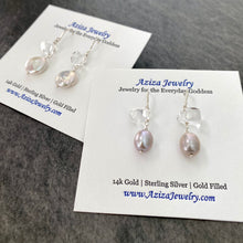 Load image into Gallery viewer, Pearl Earrings. Off-white freshwater coin pearl Quartz Crystal Earrings.
