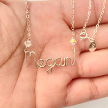 Load image into Gallery viewer, Sterling Silver Name Necklace with Swarovski Crystals. Custom Personalized Wire Script Name Necklace
