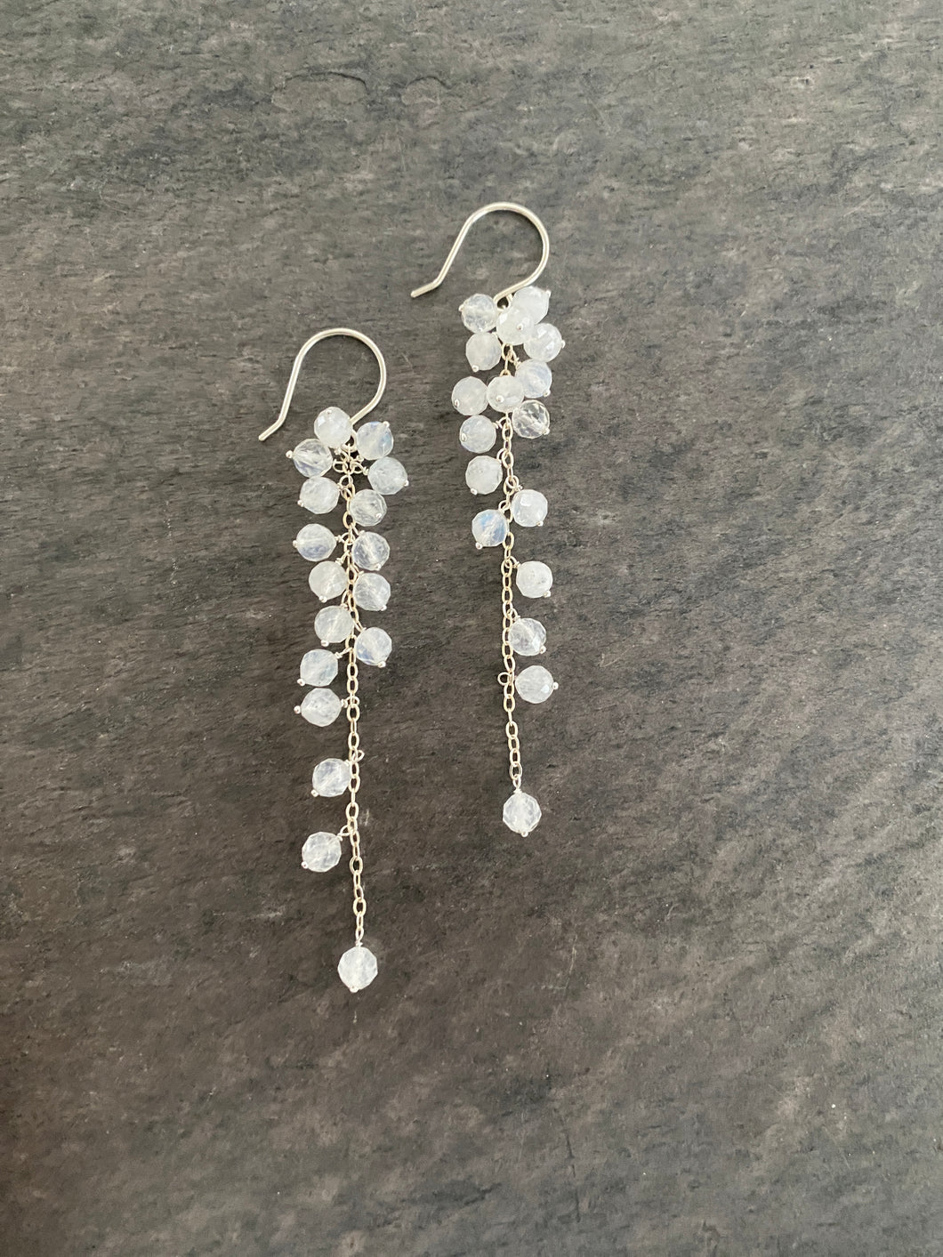 Rainbow Moonstone Earrings. Sterling silver dangle genuine gemstone earrings.