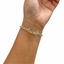 Load image into Gallery viewer, Loved Bracelet. Sterling Silver Wire Word Script Blessed Bracelet. Lowercase Calligraphy Chunky Bracelet. Inspiration Jewelry. Faith Jewelry

