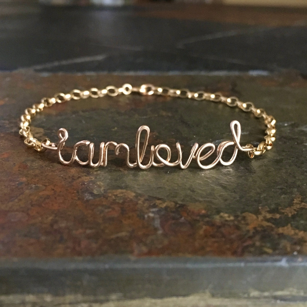 I am Loved Bracelet. Gold Wire Word Script Blessed Bracelet. Lowercase Calligraphy Chunky Bracelet. Inspiration Jewelry. Faith Jewelry