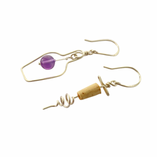 Load image into Gallery viewer, Wine Bottle and Cork Screw Sterling Silver Earrings. Wine Lovers Earrings with Purple Grape and real cork. Wine Bottle. Wine Themed Jewelry

