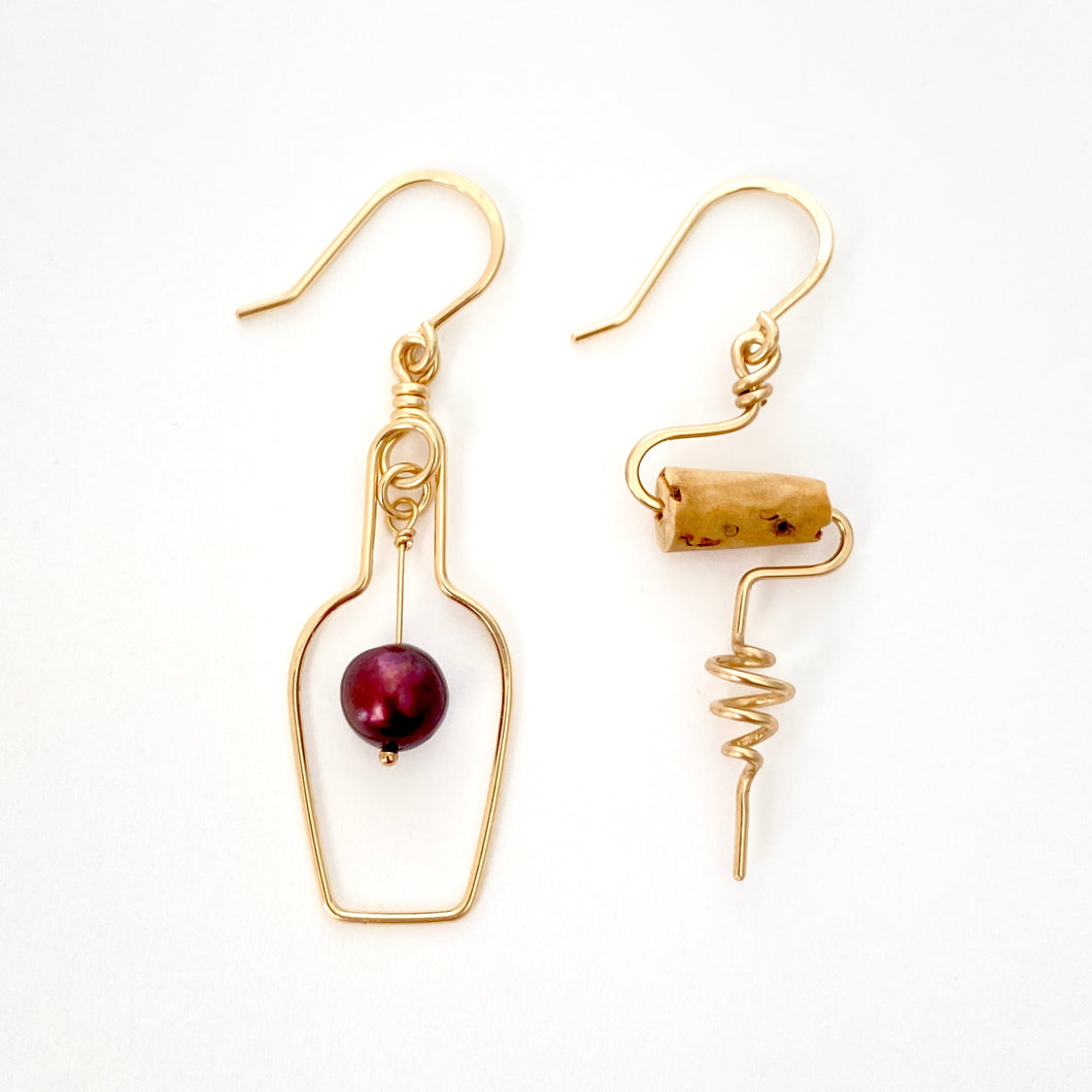 Red Wine Earrings. Wine Bottle and Cork Screw Earrings with Grape. Wine Jewelry. Red Grape Wine Earrings. Wine Lover Gift