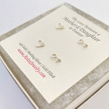 Load image into Gallery viewer, Mother Daughter Key to my Heart Earrings. 2 Pairs Sterling Silver Heart Studs Set in Medium and Small Earrings. Push Present. Mom to Be Gift

