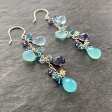 Load image into Gallery viewer, Blue Topaz, Iolite, Chalcedony, Blue Tourmaline Gemstone Earrings Sterling Silver 2.5 inches
