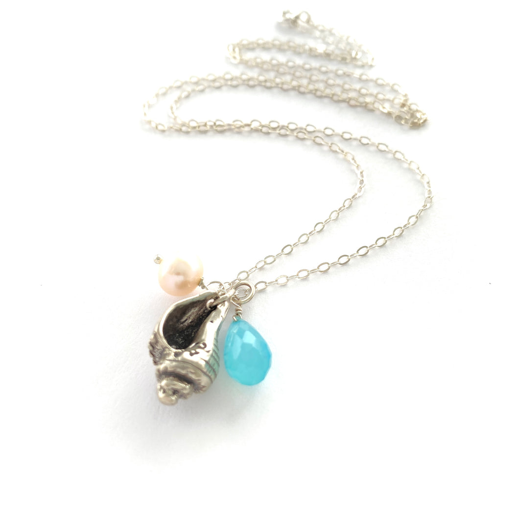 Conch Shell Necklace. Sterling Silver Ocean Charm Whelk Necklace
