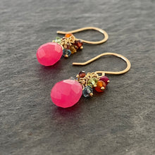 Load image into Gallery viewer, Pink Jade Earrings with Rainbow Gemstones Clusters. Gold Fill Earrings.
