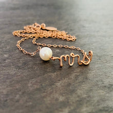 Load image into Gallery viewer, Mrs Necklace. Wedding Necklace with White freshwater pearl. Rose Gold Custom Bride Necklace. June Pearl Bridal Necklace.
