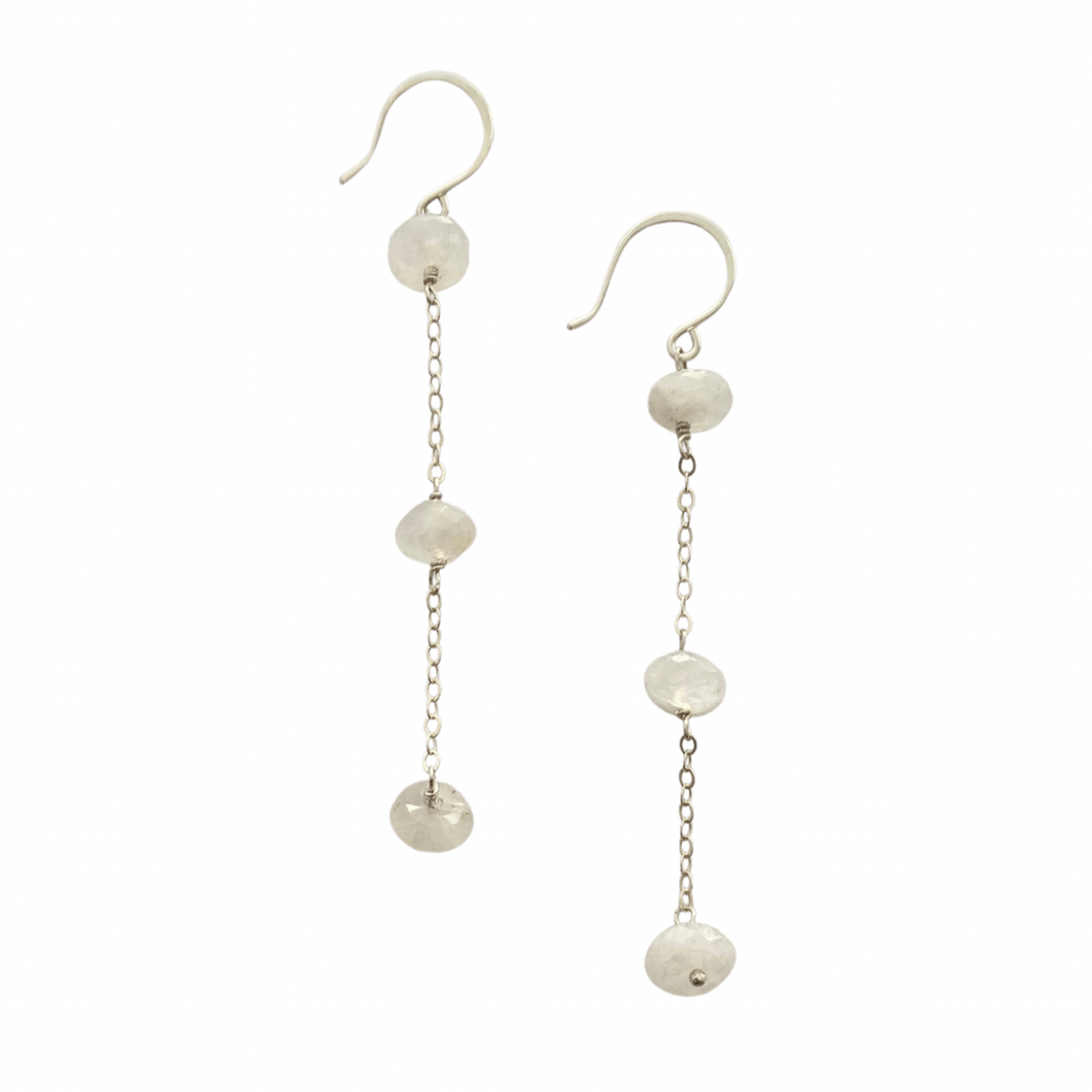 Long Rainbow Moonstone Earrings. Off white gemstone earrings with chain.