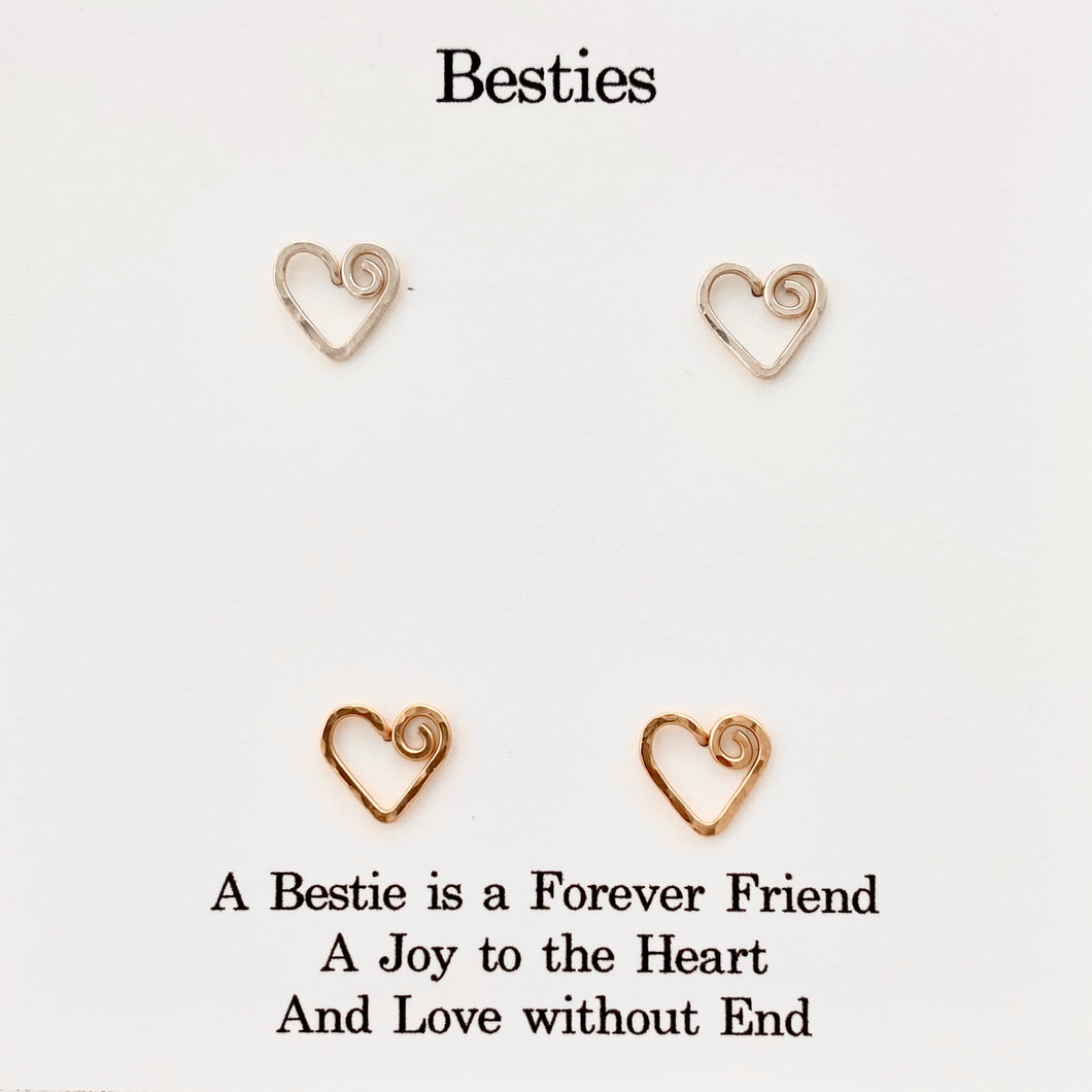 Gold and Silver Besties Heart Studs Set. 2 Pairs 14k Gold and Sterling Heart Earrings.