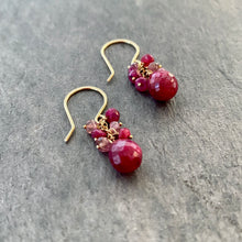 Load image into Gallery viewer, Ruby Earrings with Pink Tourmaline. Real Gemstone Clusters. Gold Earrings.
