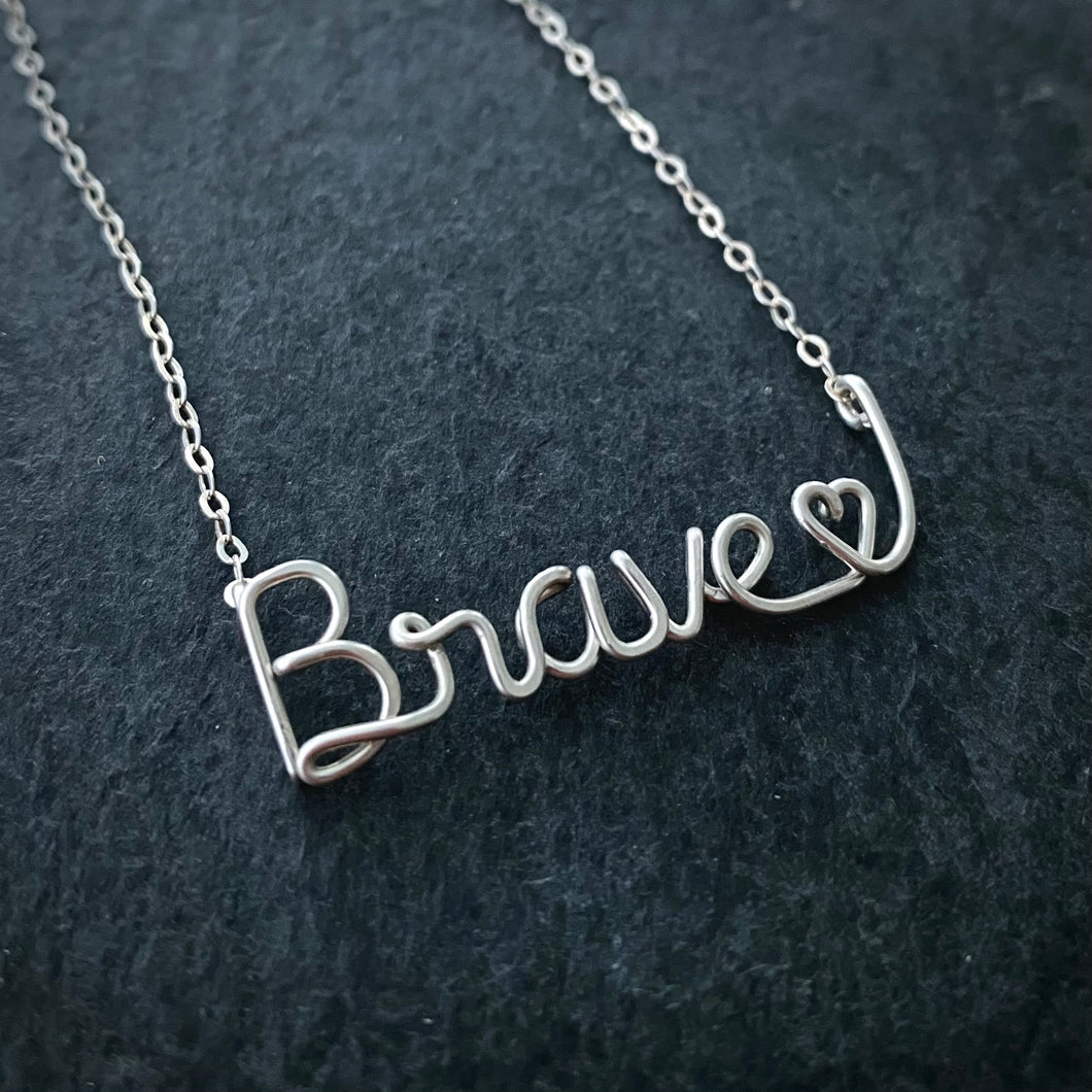Brave Heart Sterling Silver Necklace with heart. Script Wire Necklace. Valentines Day Gift