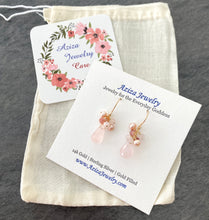 Load image into Gallery viewer, Rose Quartz Earrings with Pink Tourmaline and Freshwater Pearl Clusters. Sterling Silver or Gold FIlled Ear Wires
