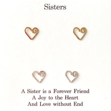 Load image into Gallery viewer, Sisters Gold and Silver Heart Studs Set. 2 Pairs 14k Gold and Sterling Heart Earrings.
